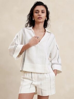 Banana Republic | European Linen Collared Top Ivory Stripe